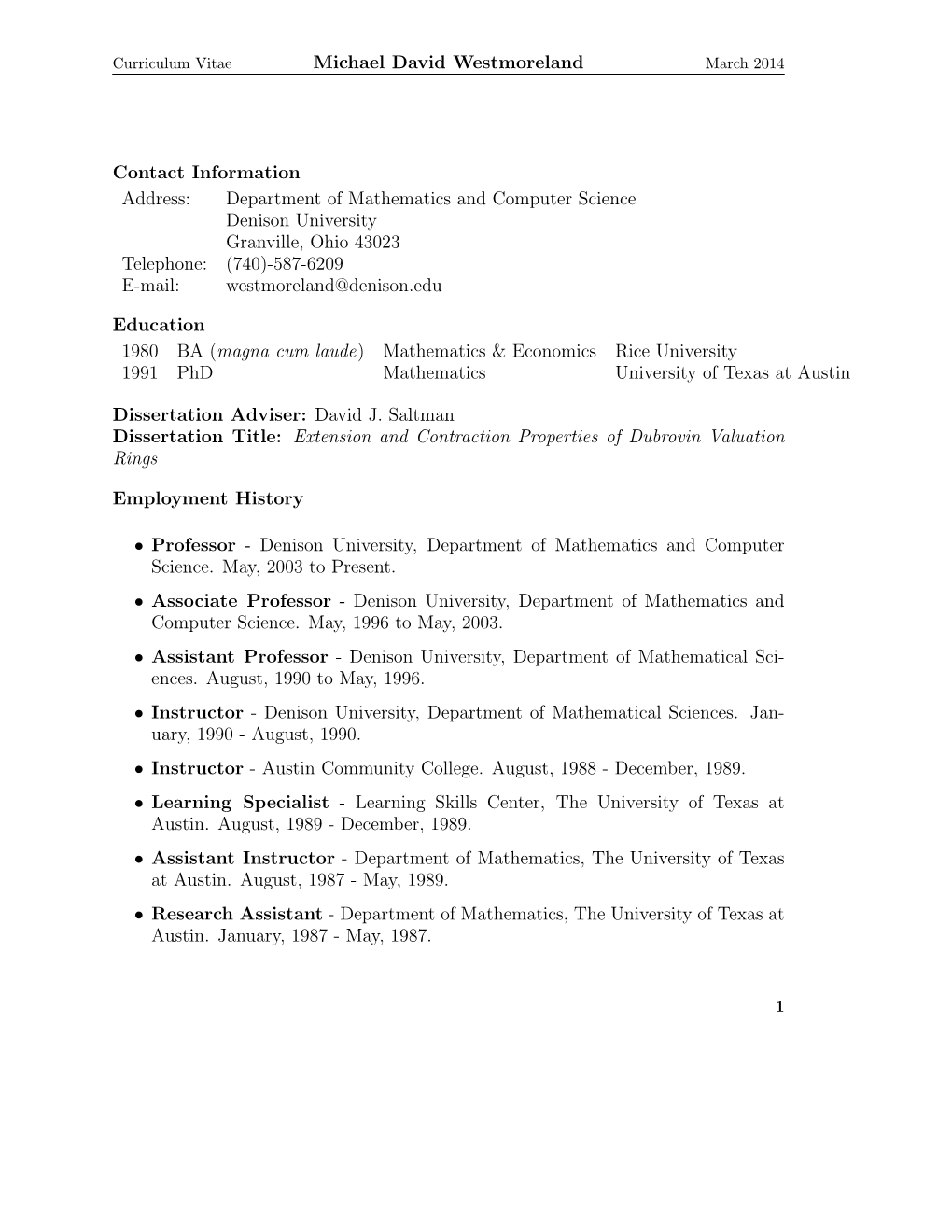 Michael David Westmoreland Contact Information Address: Department Of