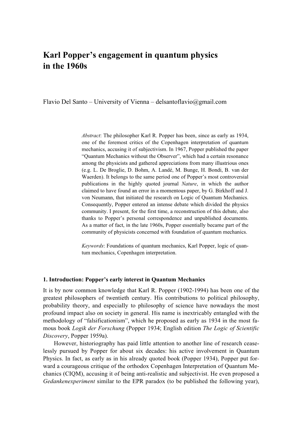 Karl Popper's Engagement in Quantum Physics in the 1960S