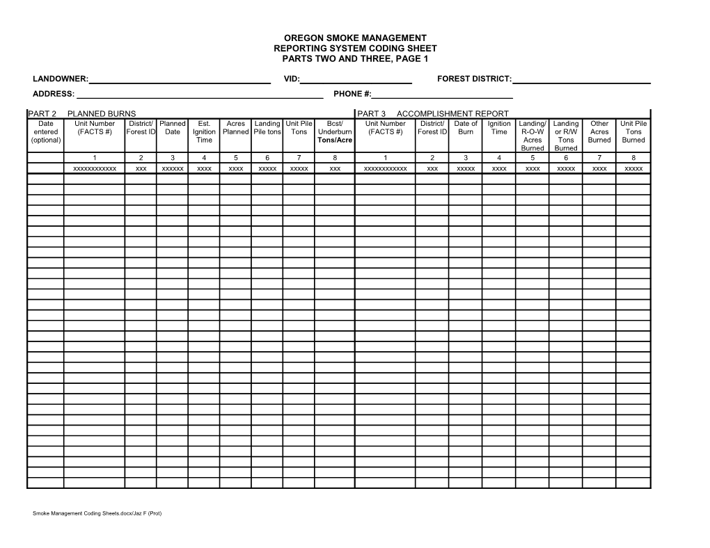 Oregon Smoke Management Data-Coding Sheet Part Two Burn Plans