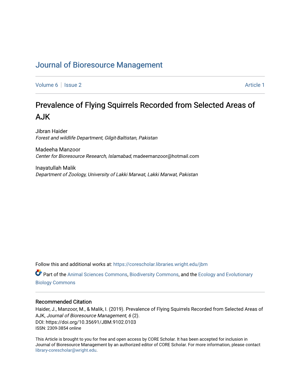 Prevalence of Flying Squirrels Recorded from Selected Areas of AJK