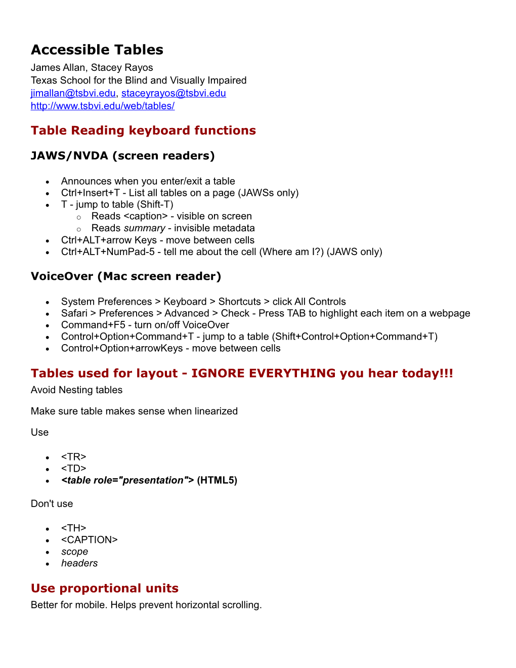 Table Reading Keyboard Functions