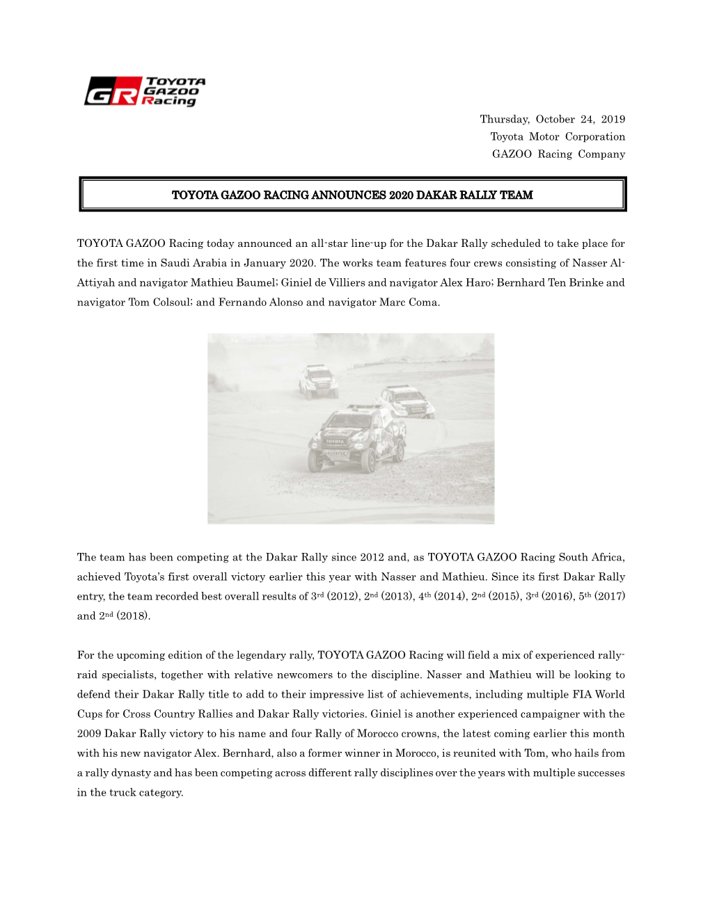 Toyota Gazoo Racing Announces 2020 Dakar Rally Team
