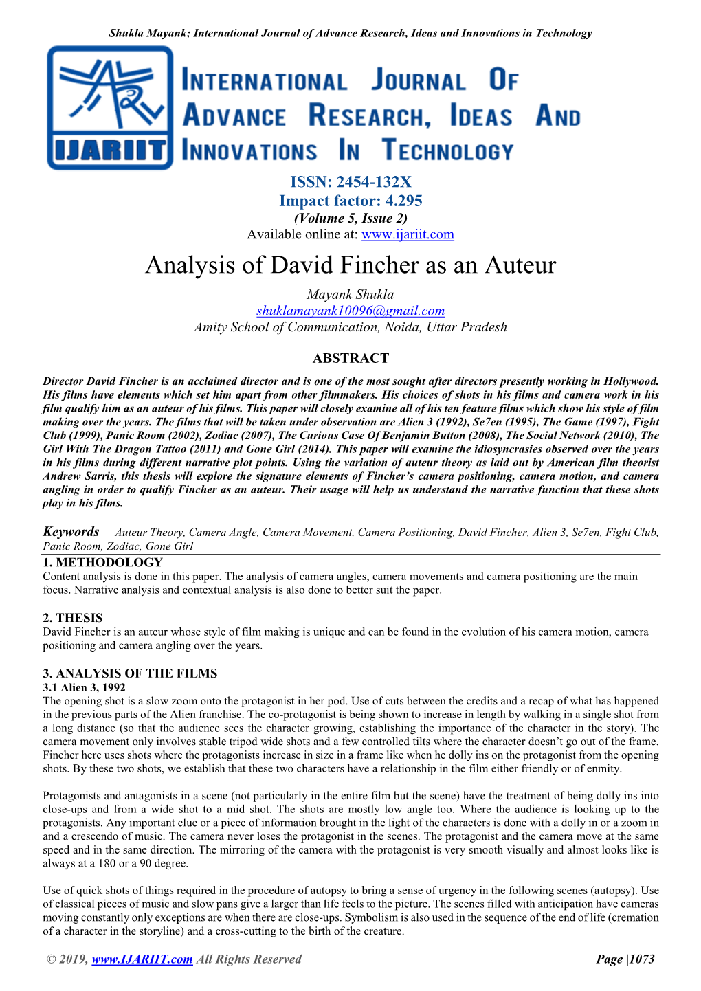 Analysis of David Fincher As an Auteur Mayank Shukla Shuklamayank10096@Gmail.Com Amity School of Communication, Noida, Uttar Pradesh