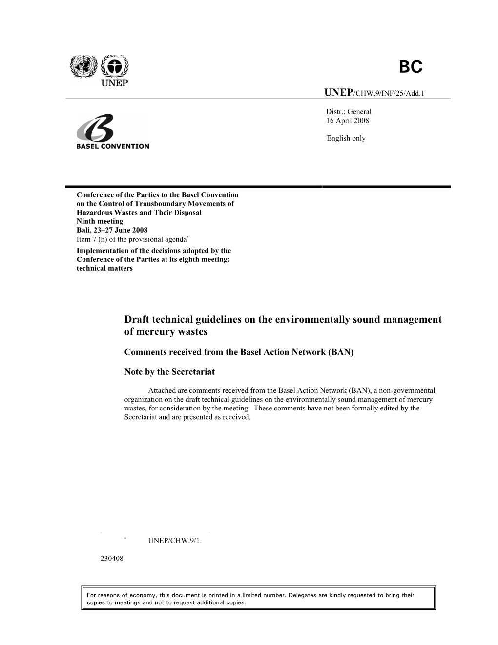 Draft Technical Guidelines on the Environmentally Sound Management of Mercury Wastes