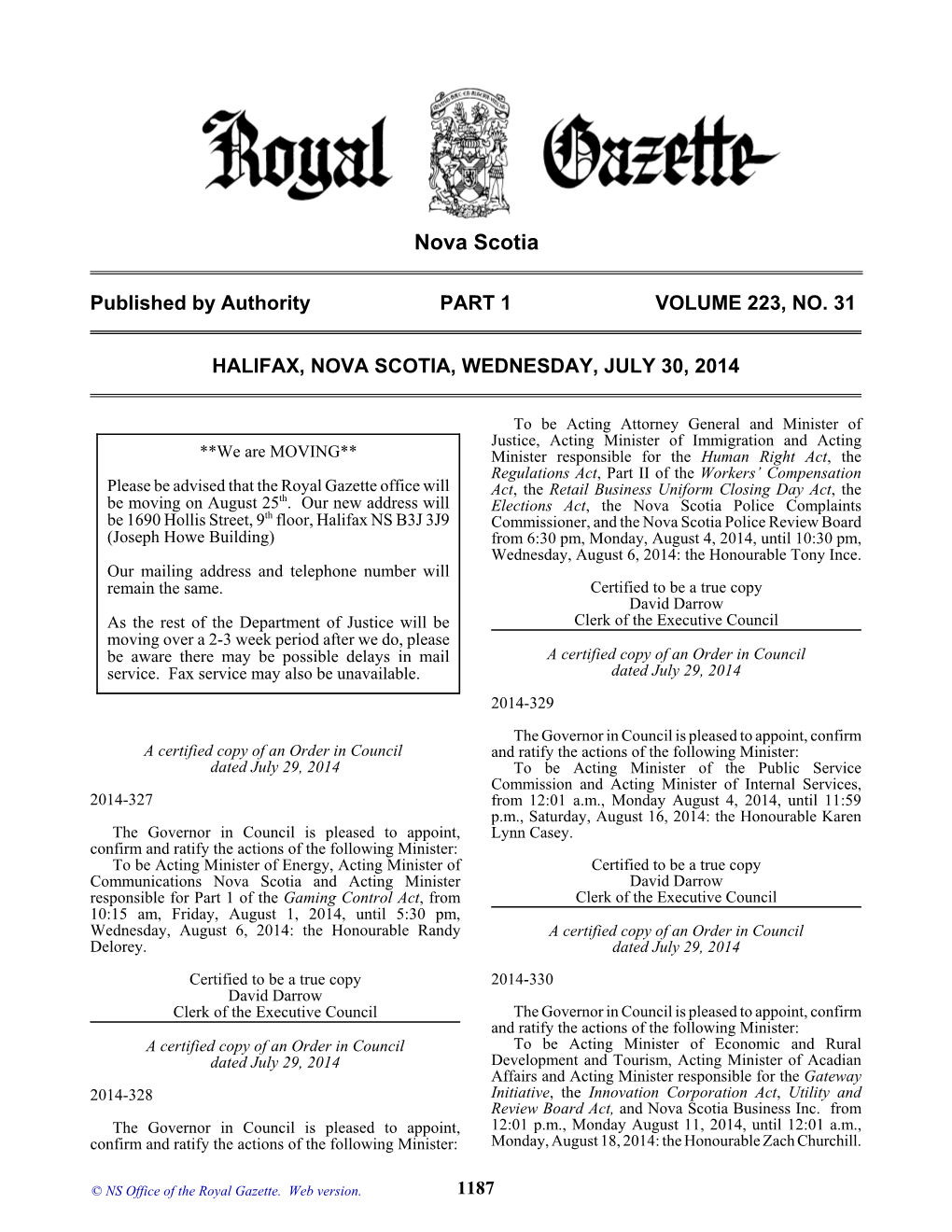 NS Royal Gazette Part I