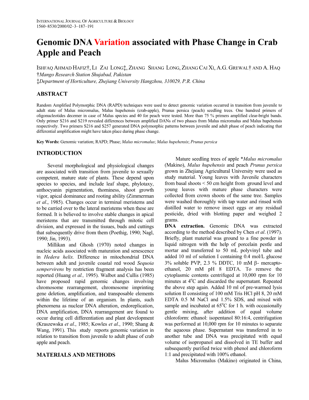 Genomic DNA Variation Associated with Phase Change in Crab Apple and Peach