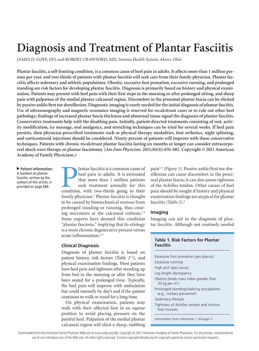 Diagnosis and Treatment of Plantar Fasciitis JAMES D