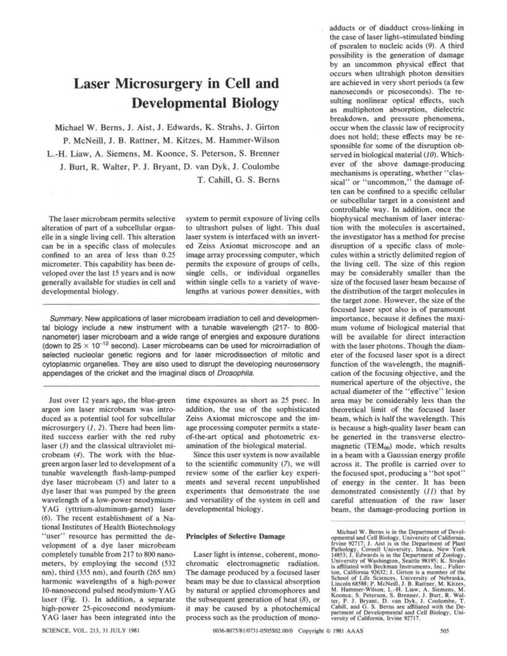 Laser Microsurgery in Cell and Developmental Biology