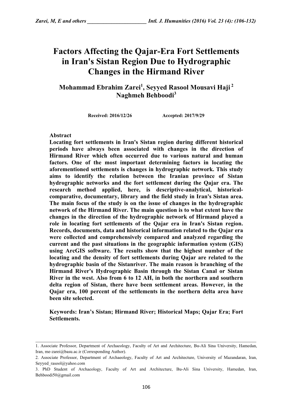 Factors Affecting the Qajar-Era Fort Settlements in Iran's Sistan Region Due to Hydrographic Changes in the Hirmand River