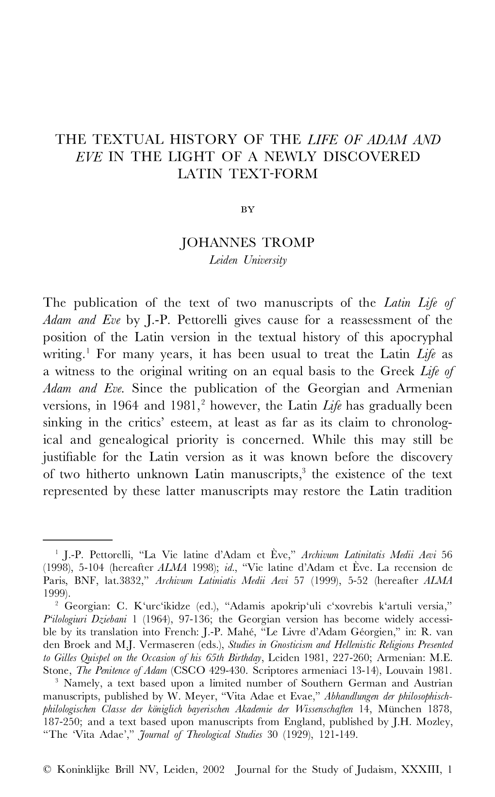 The Textual History of the Life of Adam and Eve in the Light of a Newly Discovered Latin Text-Form