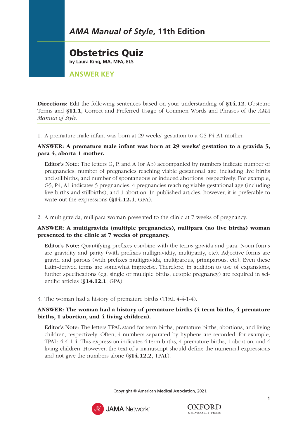 Obstetrics Quiz Answers