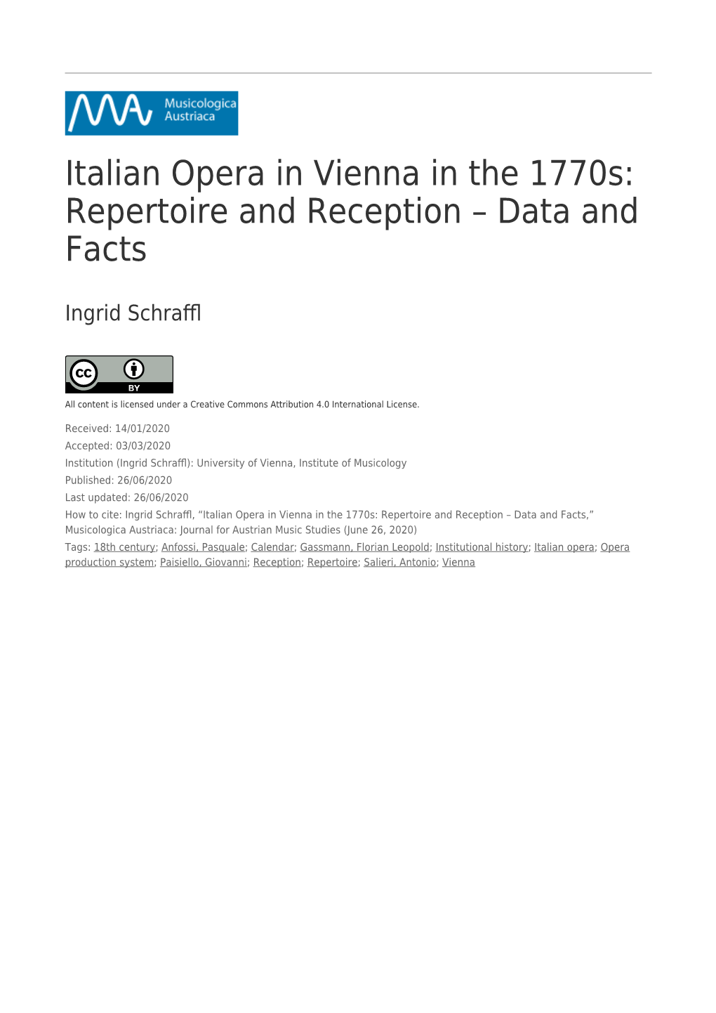 Italian Opera in Vienna in the 1770S: Repertoire and Reception – Data and Facts