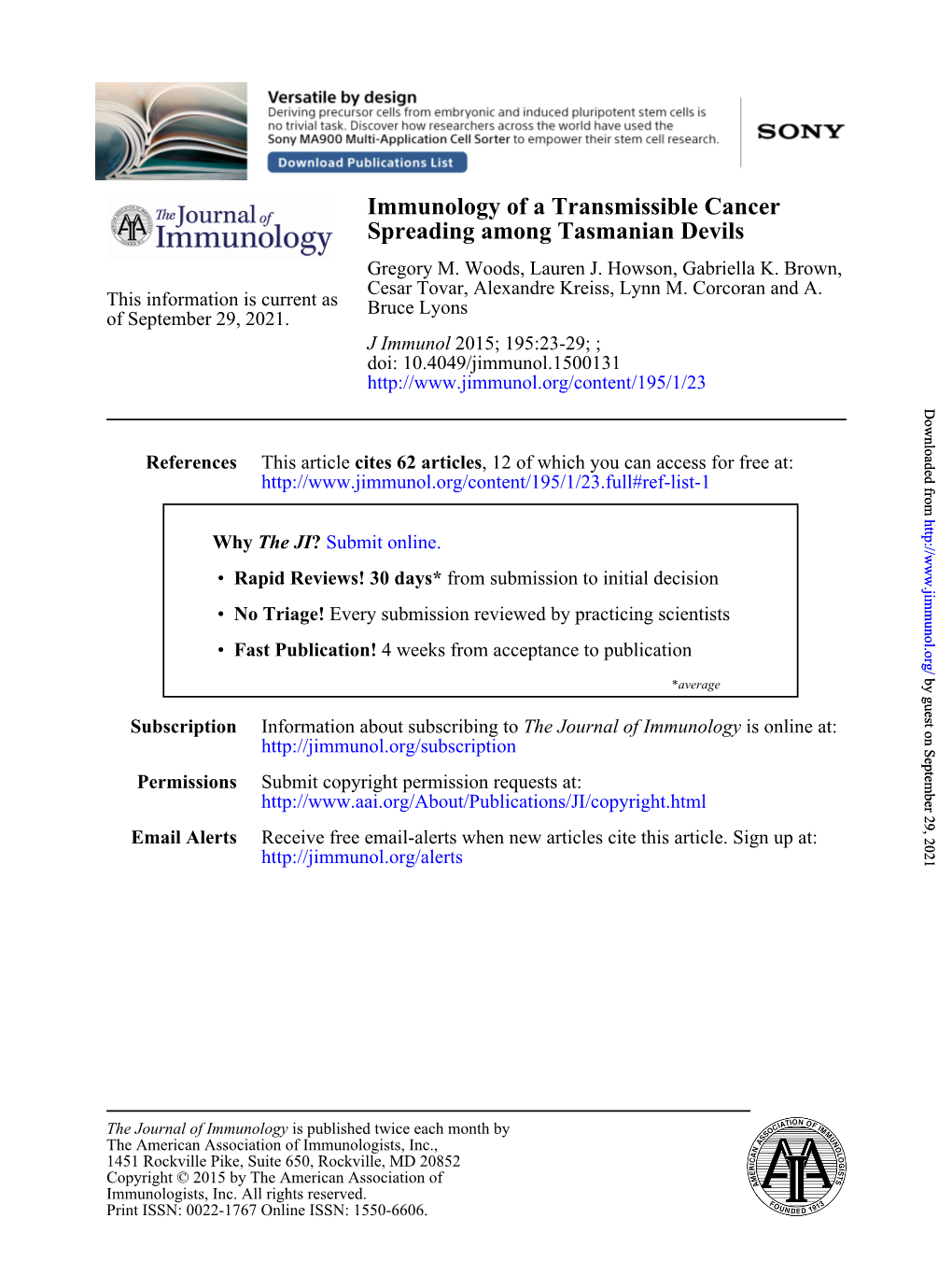 Spreading Among Tasmanian Devils Immunology of a Transmissible