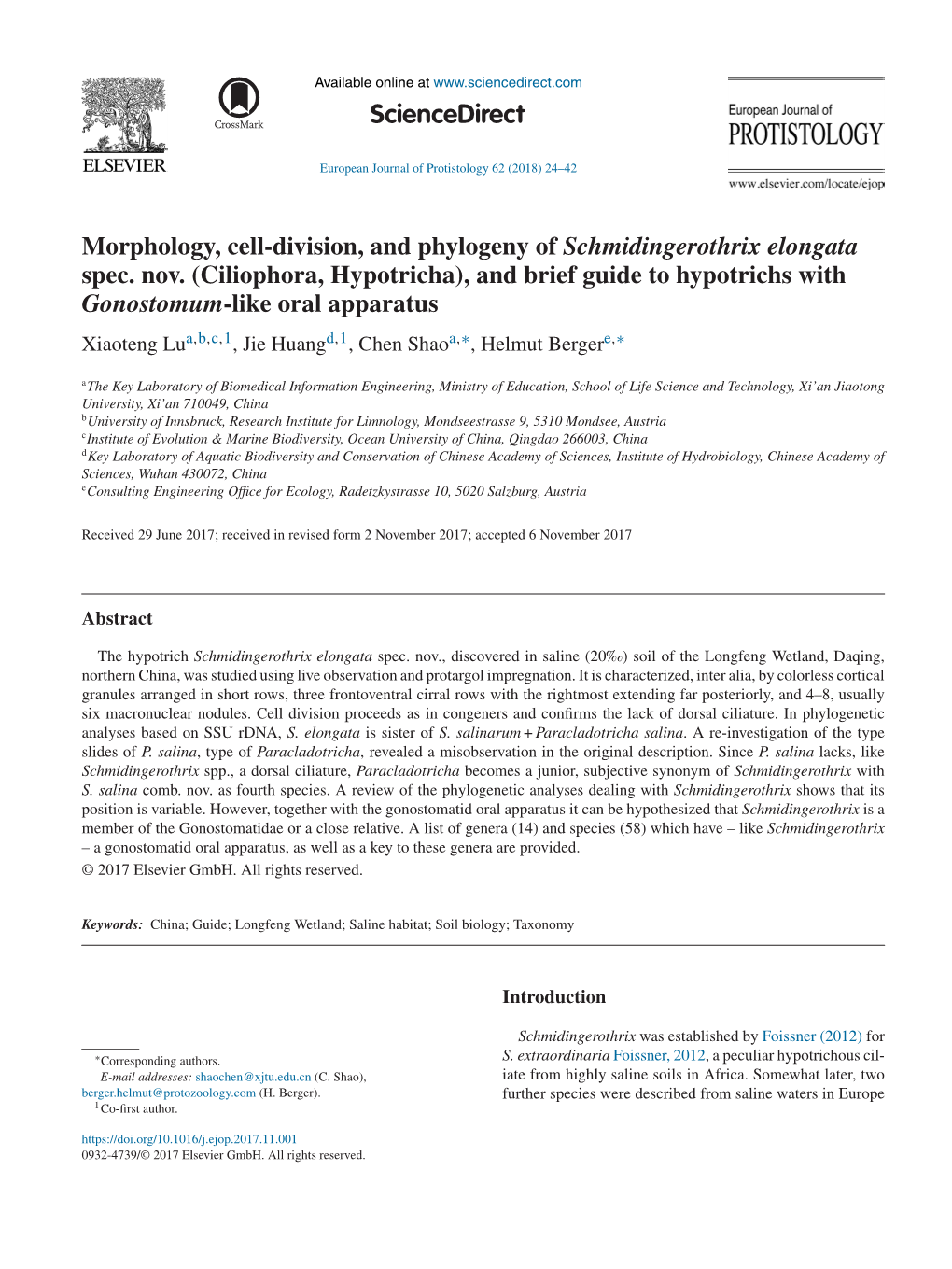 Morphology, Cell-Division, and Phylogeny of Schmidingerothrix Elongata Spec