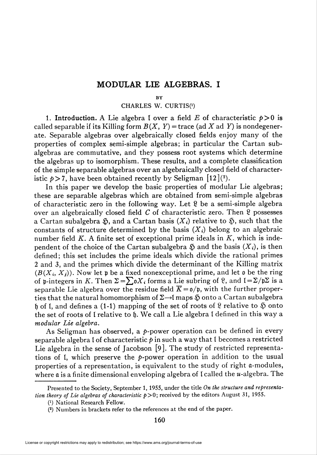 Modular Lie Algebras. I