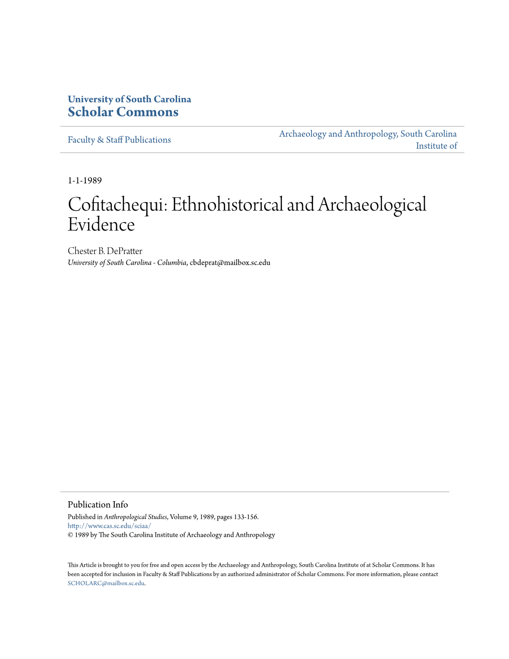 Cofitachequi: Ethnohistorical and Archaeological Evidence Chester B