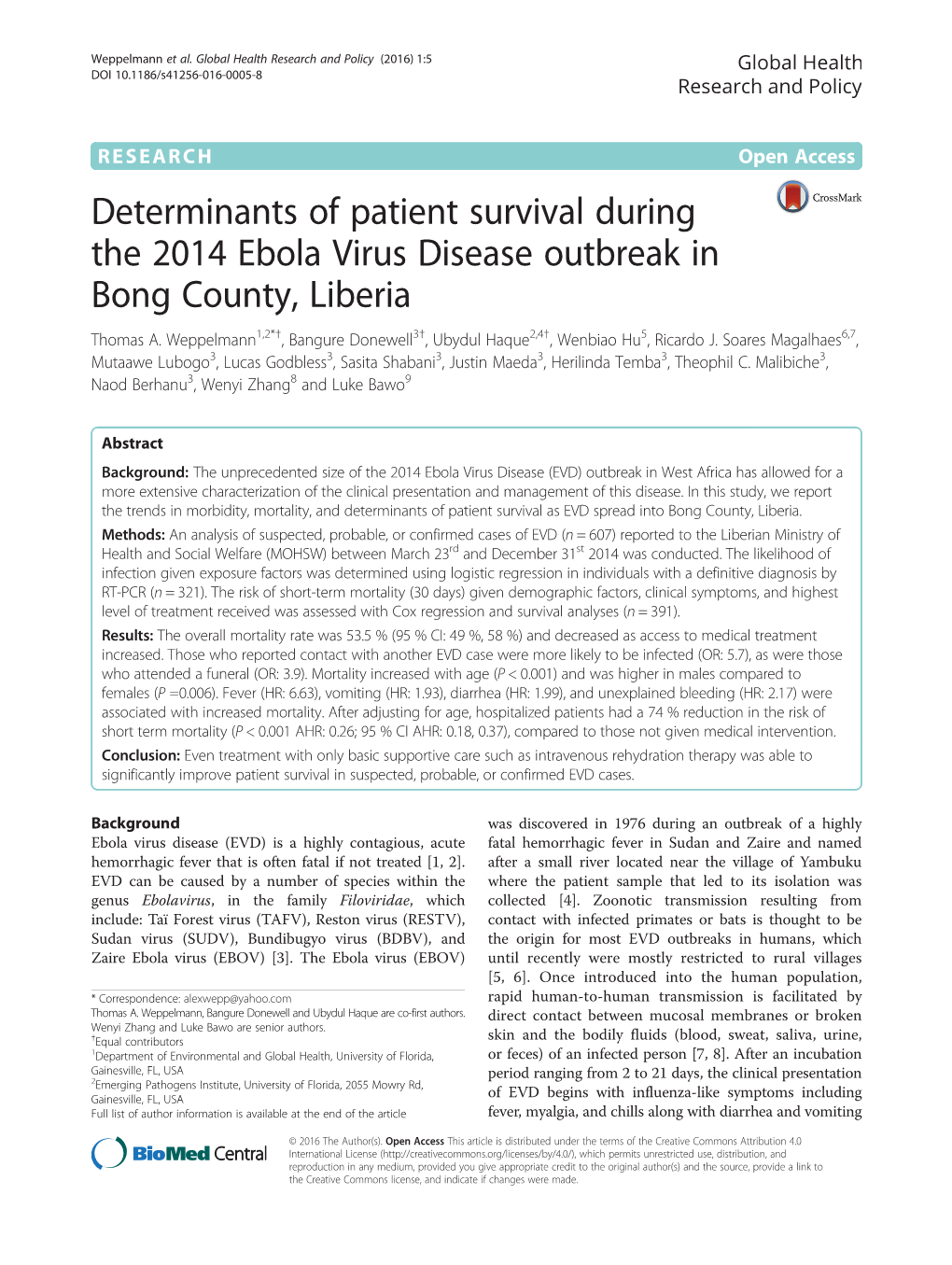 Determinants of Patient Survival During the 2014 Ebola Virus Disease Outbreak in Bong County, Liberia Thomas A