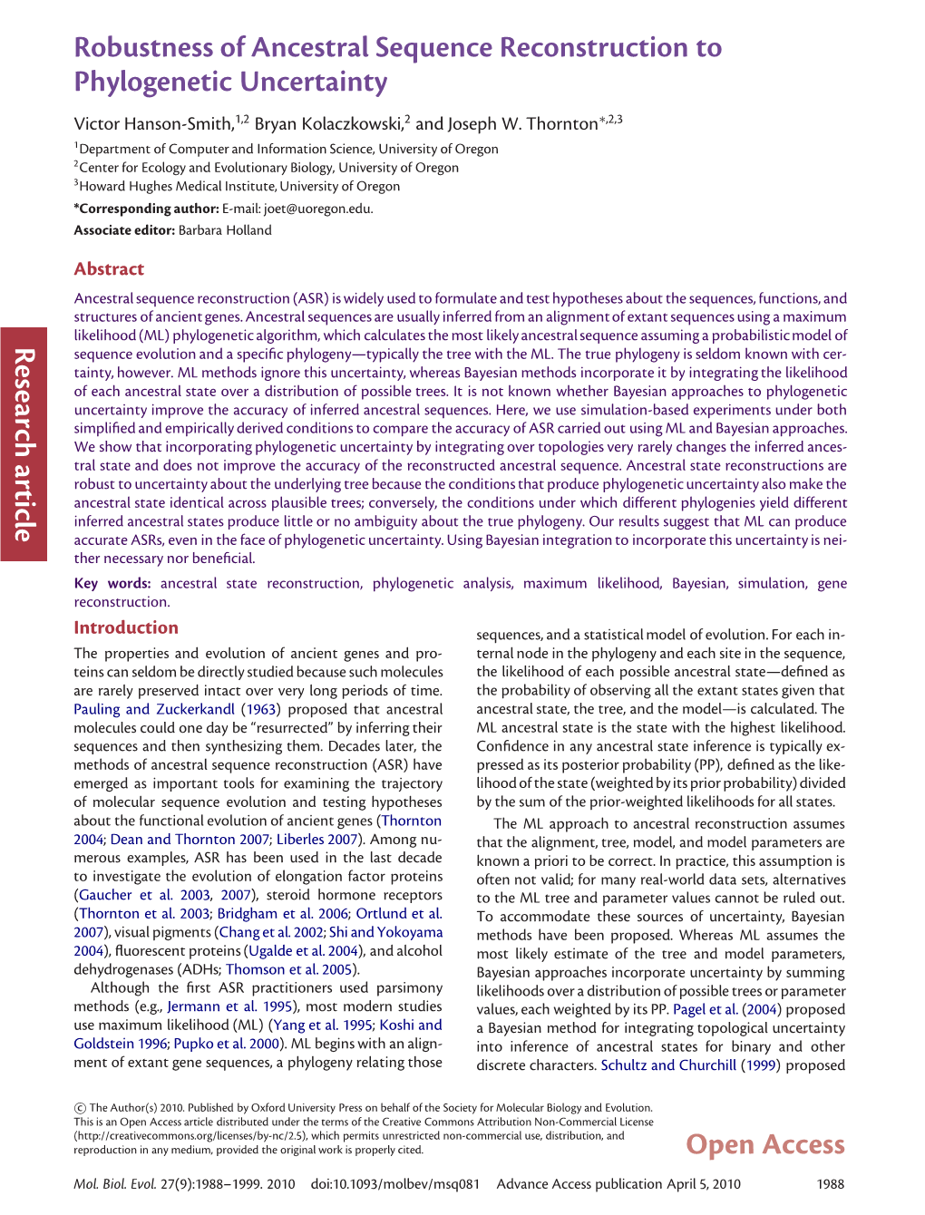 Robustness of Ancestral Sequence Reconstruction to Phylogenetic Uncertainty Research Article Open Access