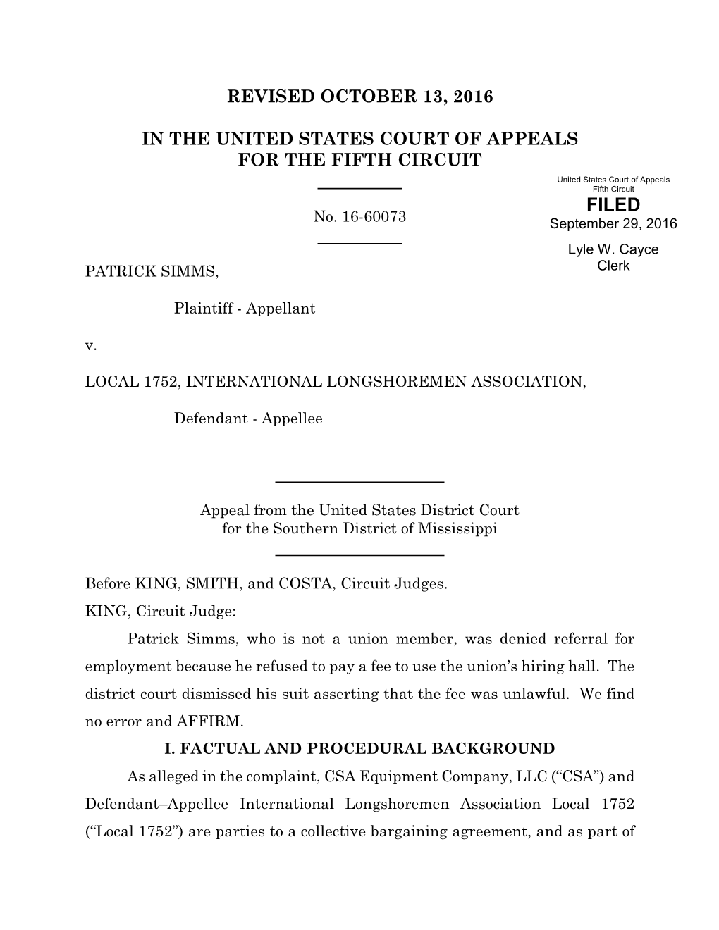 Revised October 13, 2016 in the United States Court of Appeals for the Fifth Circuit