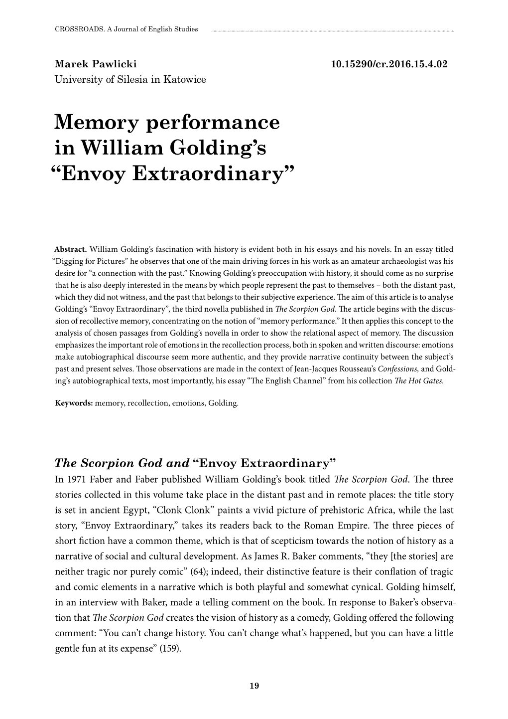 Memory Performance in William Golding's “Envoy Extraordinary”