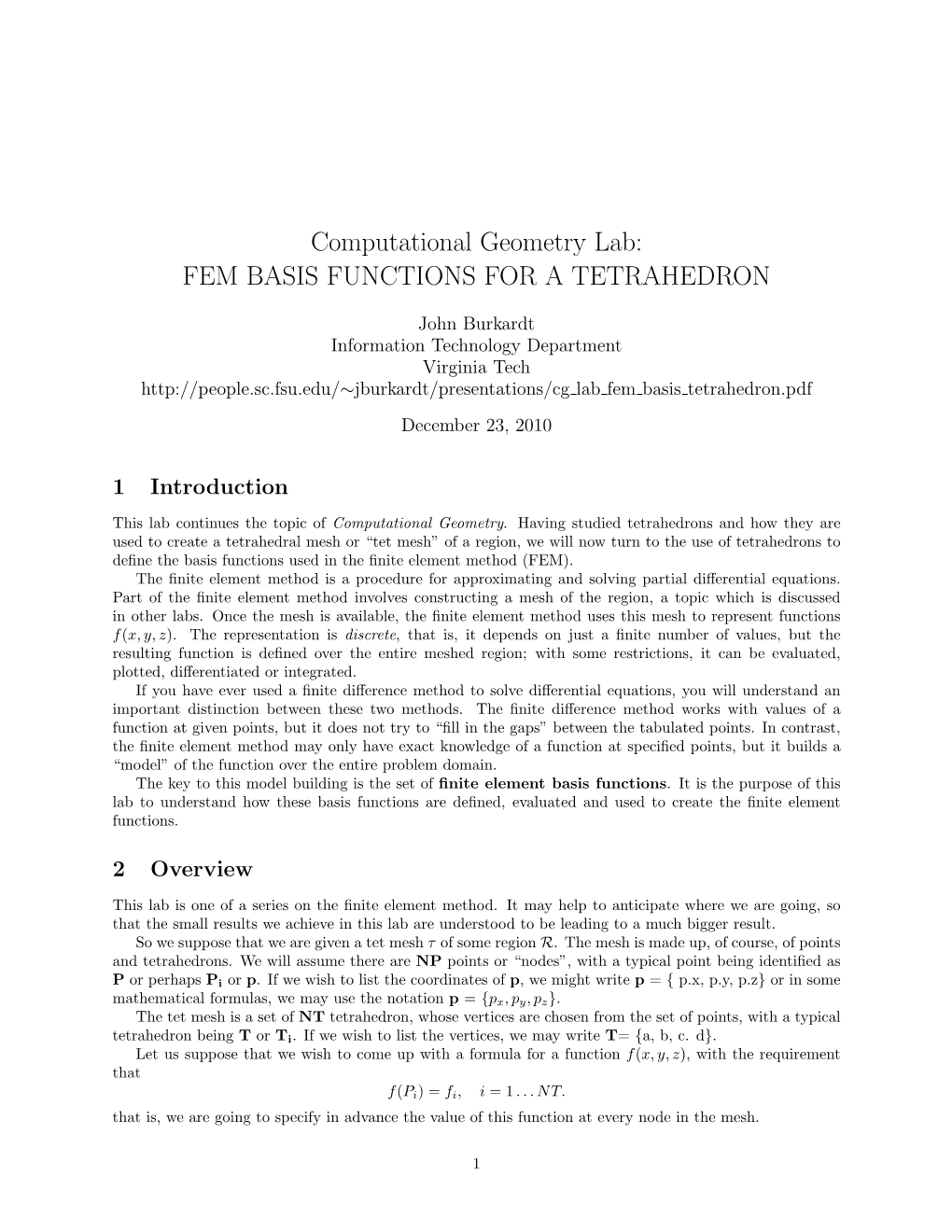 Computational Geometry Lab: FEM BASIS FUNCTIONS for a TETRAHEDRON