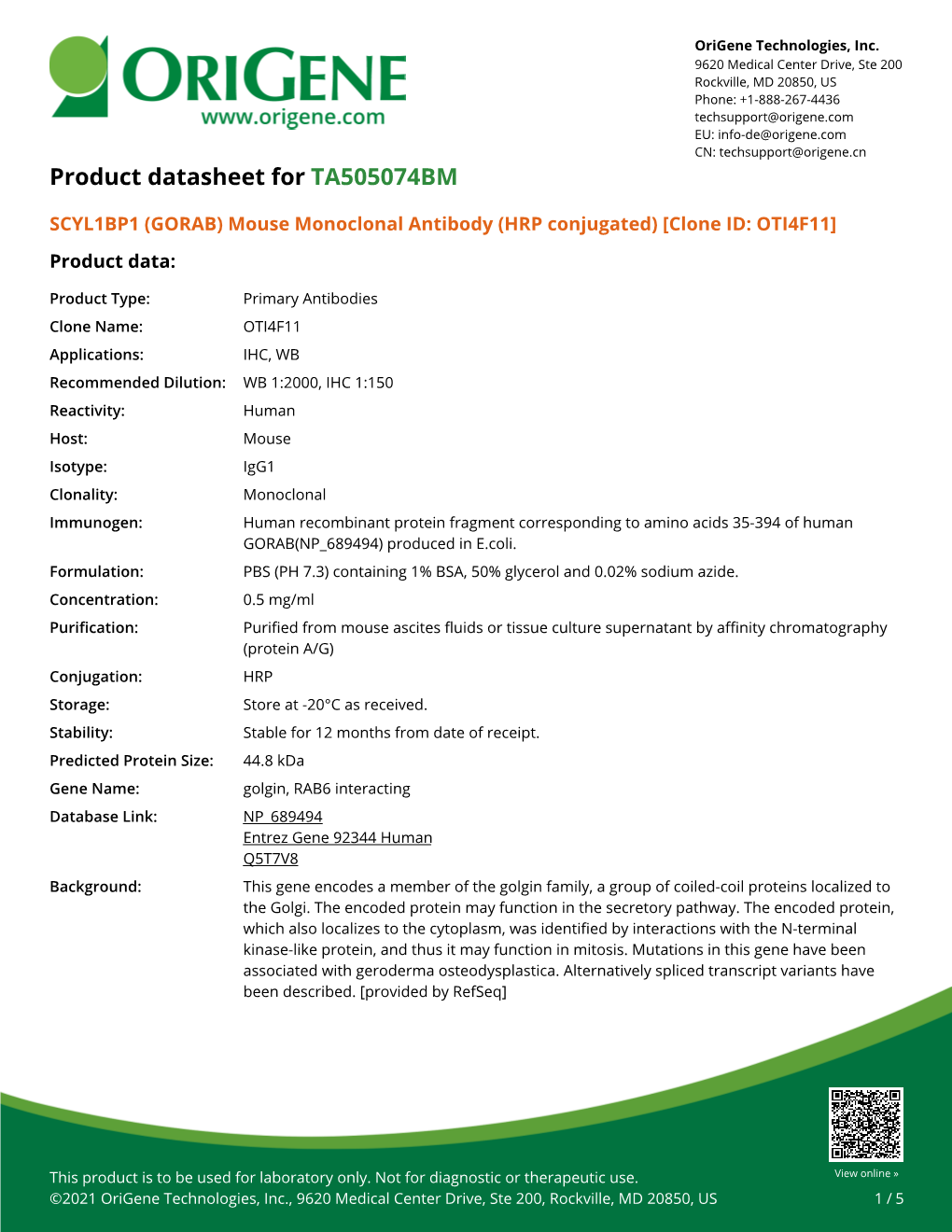 SCYL1BP1 (GORAB) Mouse Monoclonal Antibody (HRP Conjugated) [Clone ID: OTI4F11] Product Data