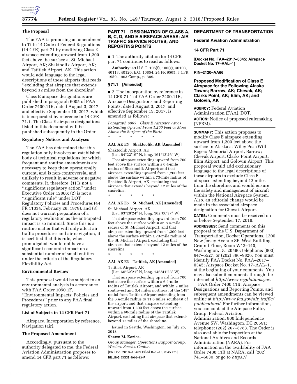 Federal Register/Vol. 83, No. 149/Thursday, August 2, 2018