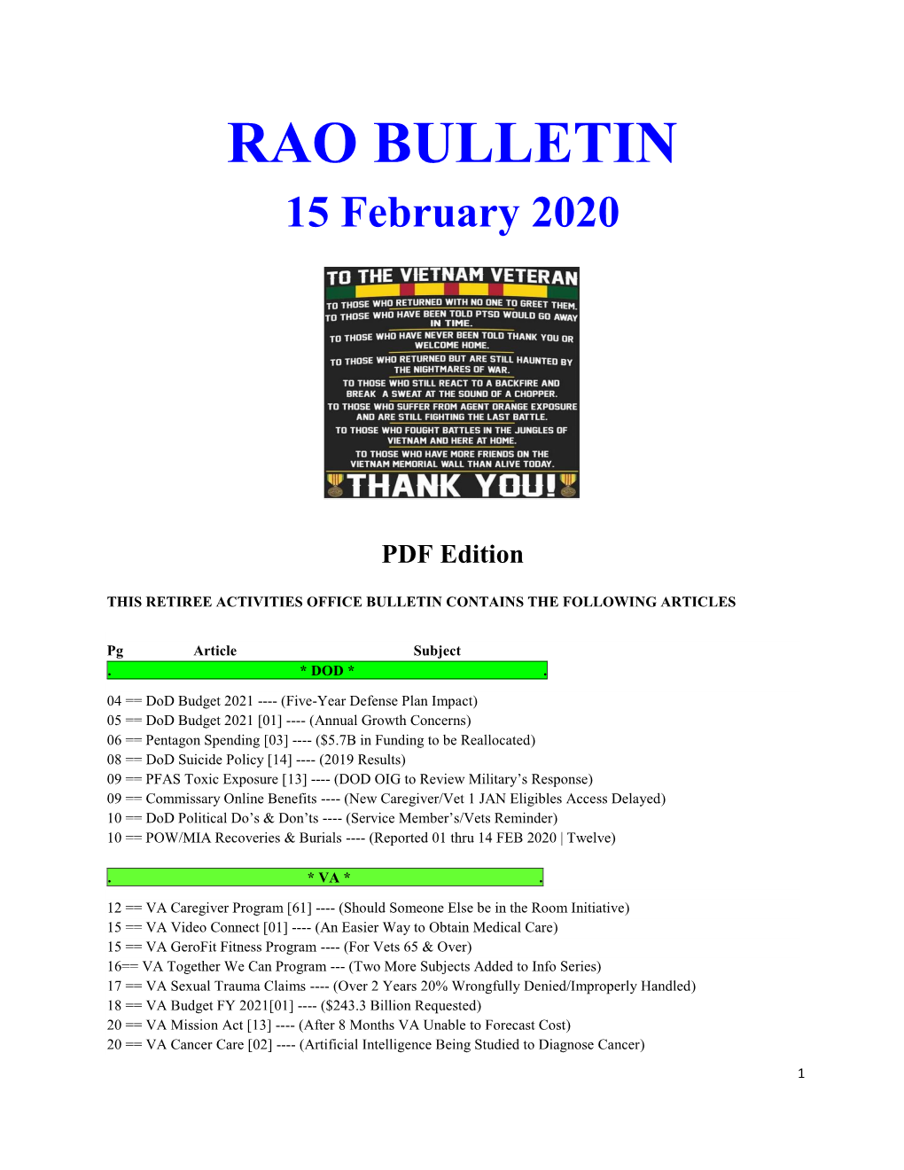 RAO BULLETIN 15 February 2020 PDF Edition