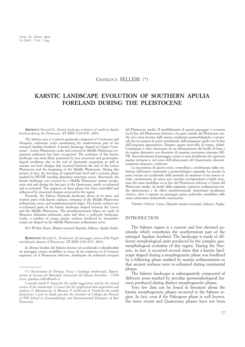 Karstic Landscape Evolution of Southern Apulia Foreland During the Pleistocene