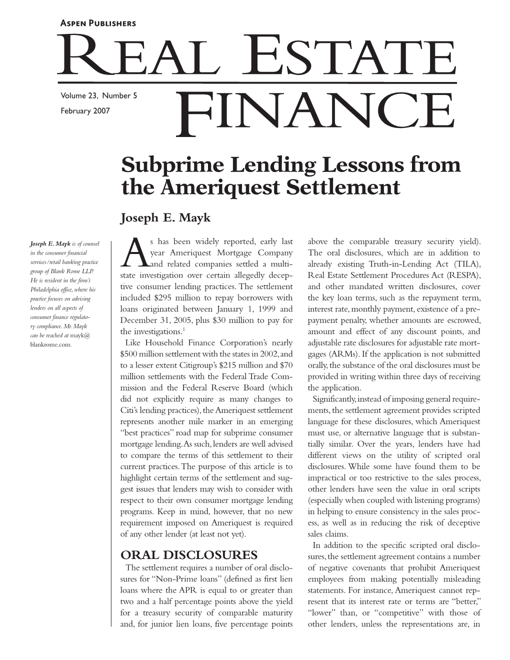 Subprime Lending Lessons from the Ameriquest Settlement Joseph E