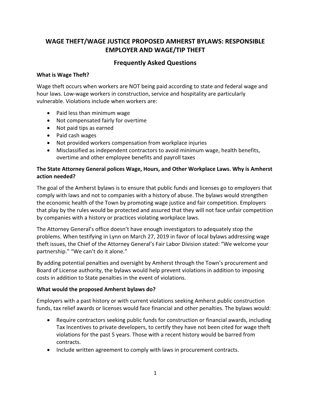 WAGE THEFT/WAGE JUSTICE PROPOSED AMHERST BYLAWS: RESPONSIBLE EMPLOYER and WAGE/TIP THEFT Frequently Asked Questions