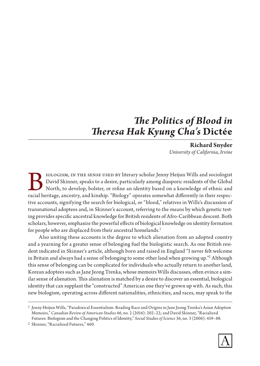 The Politics of Blood in Theresa Hak Kyung Cha's Dictée