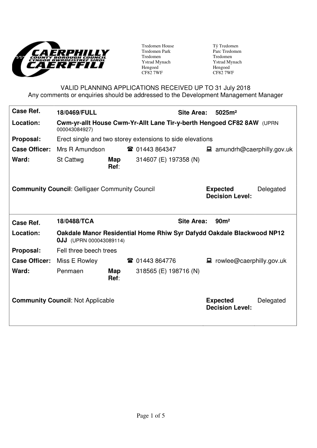 Page 1 of 5 VALID PLANNING APPLICATIONS RECEIVED up to 31 July 2018 Any Comments Or Enquiries Should Be Addressed to the Develop