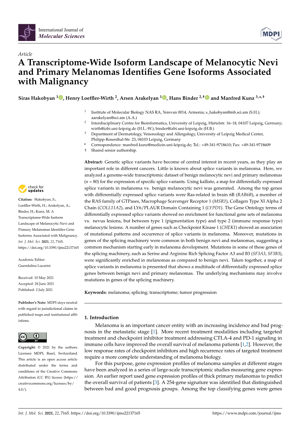 A Transcriptome-Wide Isoform Landscape of Melanocytic Nevi and Primary Melanomas Identiﬁes Gene Isoforms Associated with Malignancy