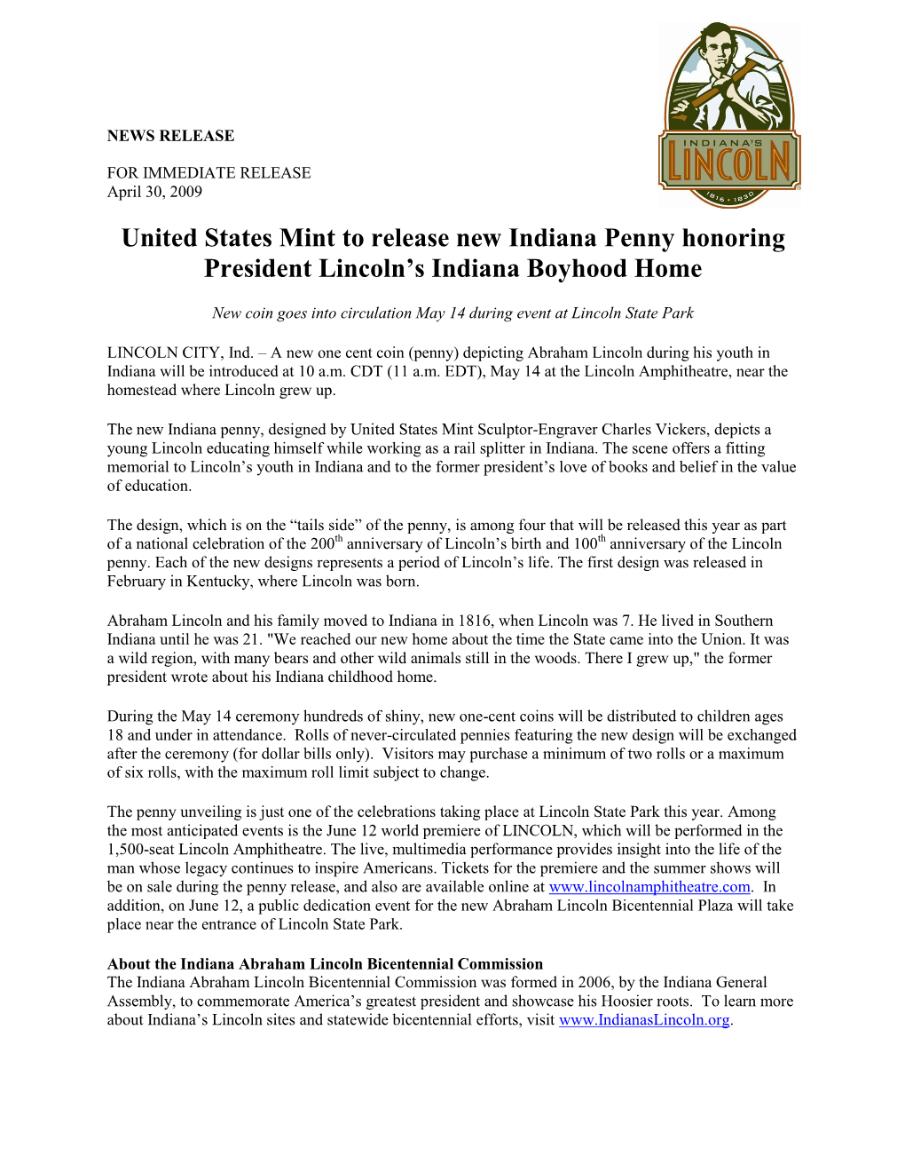 U.S. Mint to Release Indiana Lincoln Penny