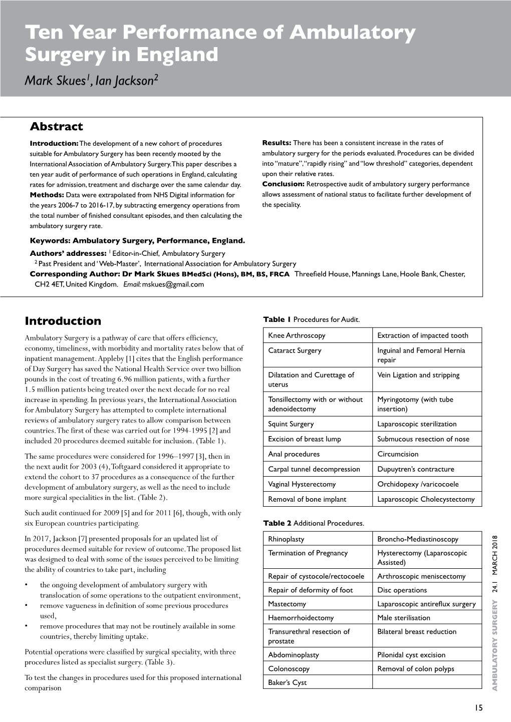 Ten Year Performance of Ambulatory Surgery in England Mark Skues1, Ian Jackson2