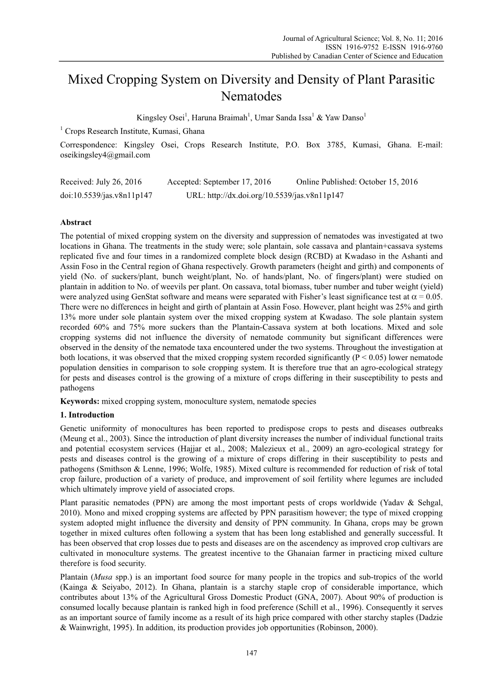 Mixed Cropping System on Diversity and Density of Plant Parasitic Nematodes