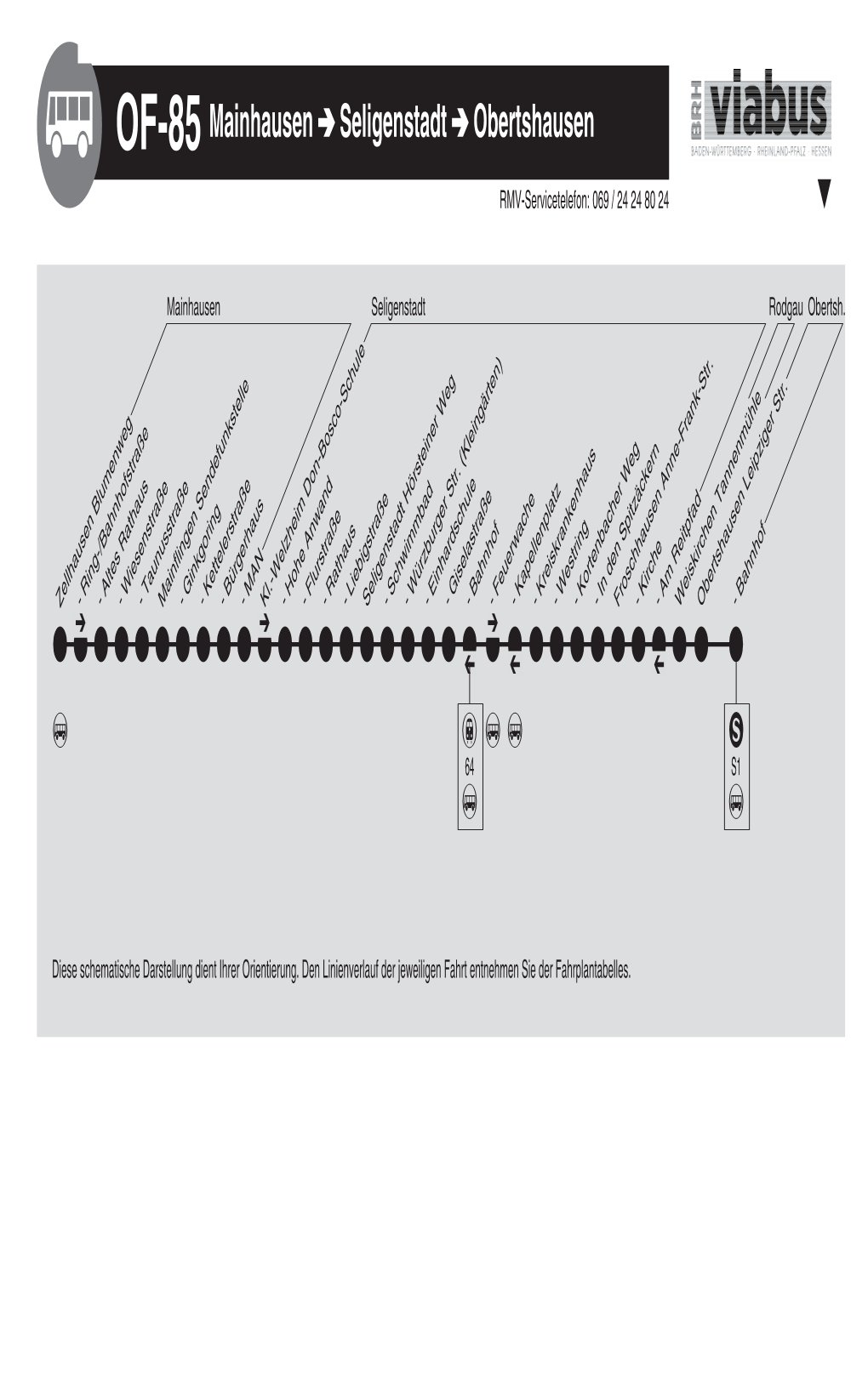 OF-85 Mainhausen Seligenstadt Obertshausen RMV-Servicetelefon: 069 / 24 24 80 24 ▼