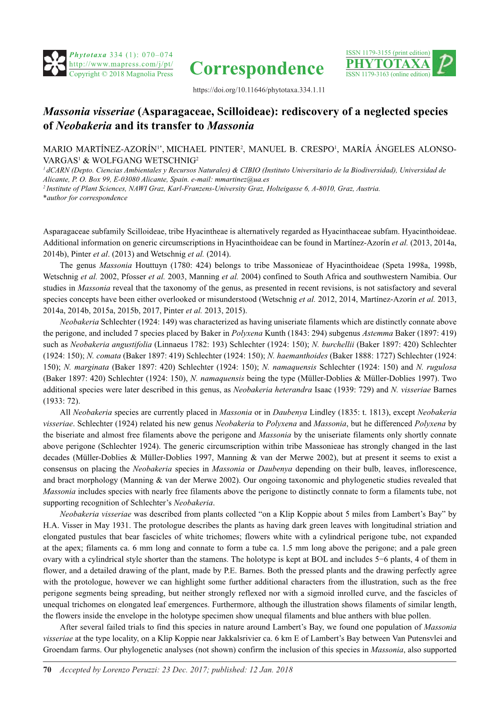 Massonia Visseriae (Asparagaceae, Scilloideae): Rediscovery of a Neglected Species of Neobakeria and Its Transfer to Massonia