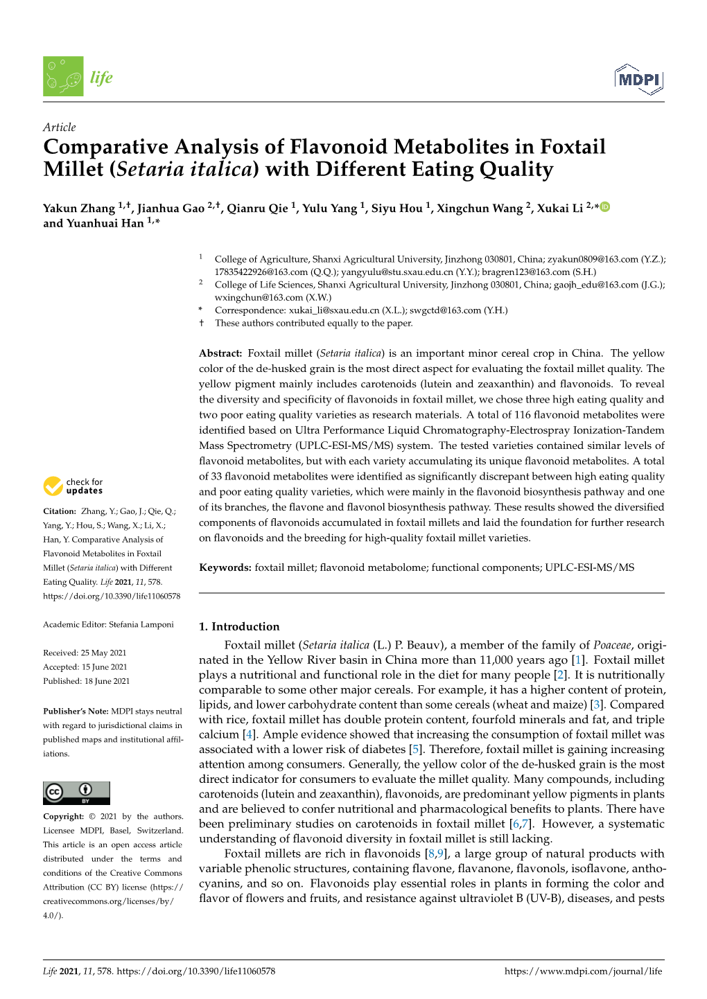 Comparative Analysis of Flavonoid Metabolites in Foxtail Millet (Setaria Italica) with Different Eating Quality