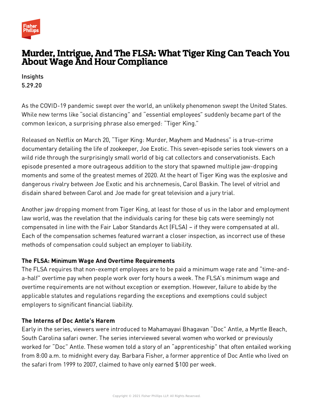 Murder, Intrigue, and the FLSA: What Tiger King Can Teach You About Wage and Hour Compliance Insights 5.29.20