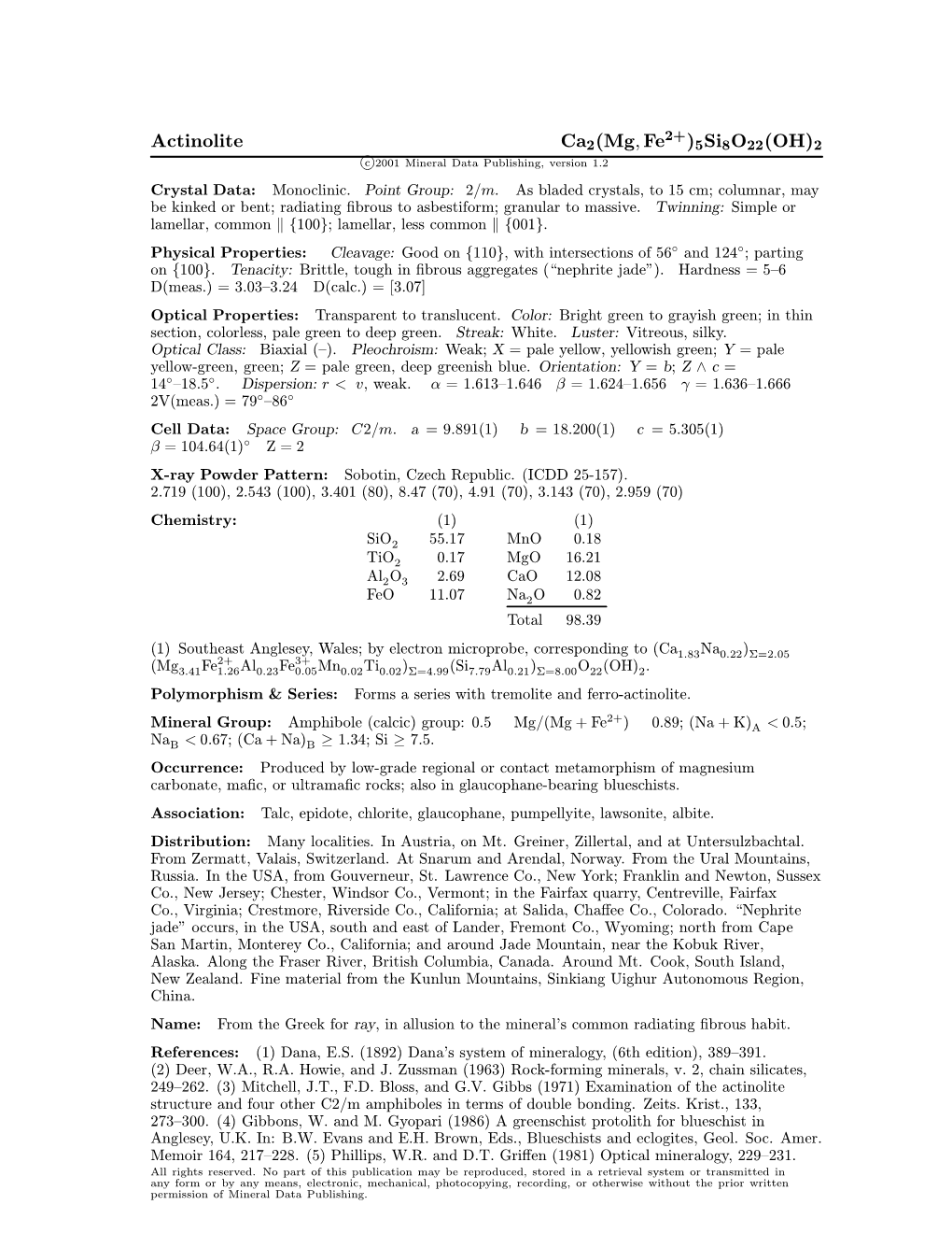 Actinolite Ca2(Mg; Fe )5Si8o22(OH)2 C 2001 Mineral Data Publishing, Version 1.2 ° Crystal Data: Monoclinic