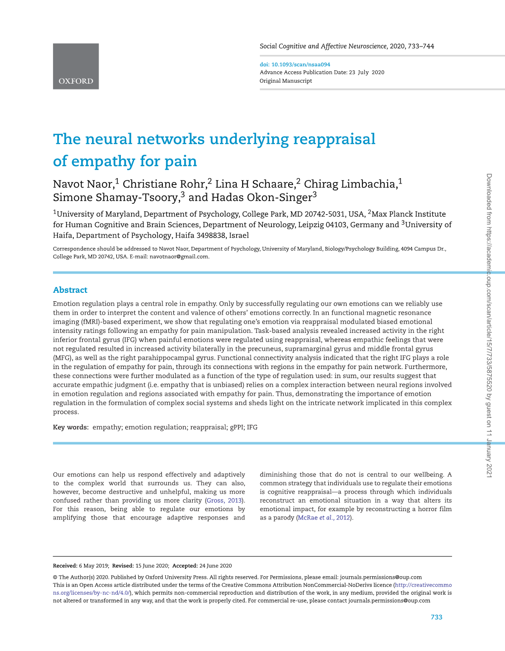 The Neural Networks Underlying Reappraisal of Empathy for Pain