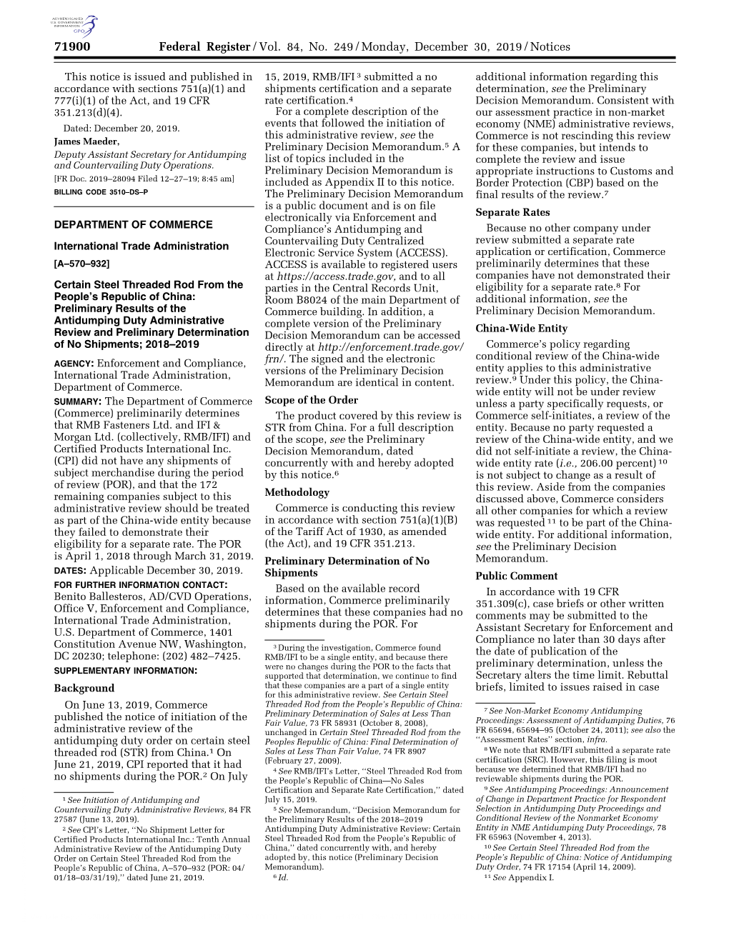 Federal Register/Vol. 84, No. 249/Monday, December 30, 2019