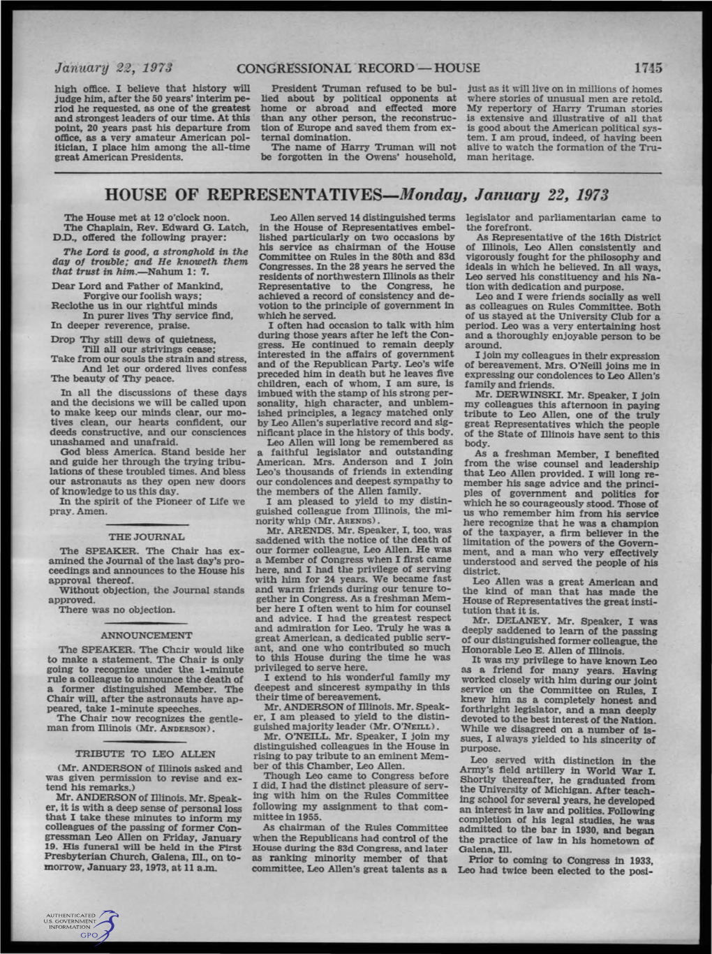 HOUSE of REPRESENTATIVES-Monday, January 22, 1973 the House Met at 12 O'clock Noon