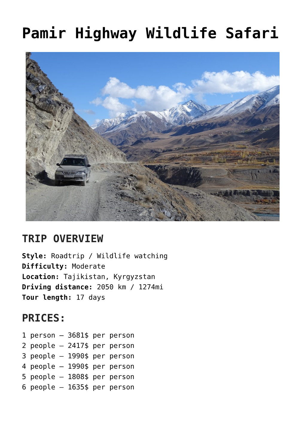 Pamir Highway Wildlife Safari