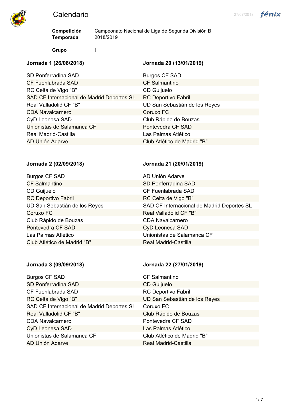 Calendario 27/07/2018