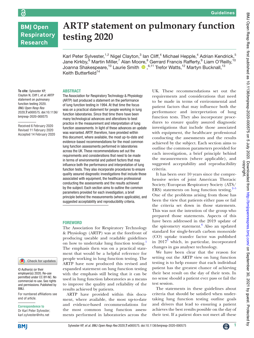 ARTP Statement on Pulmonary Function Testing 2020