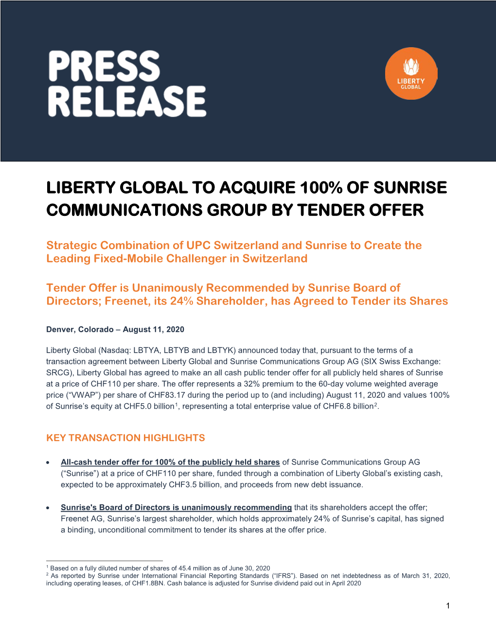 Liberty Global to Acquire 100% of Sunrise Communications Group by Tender Offer