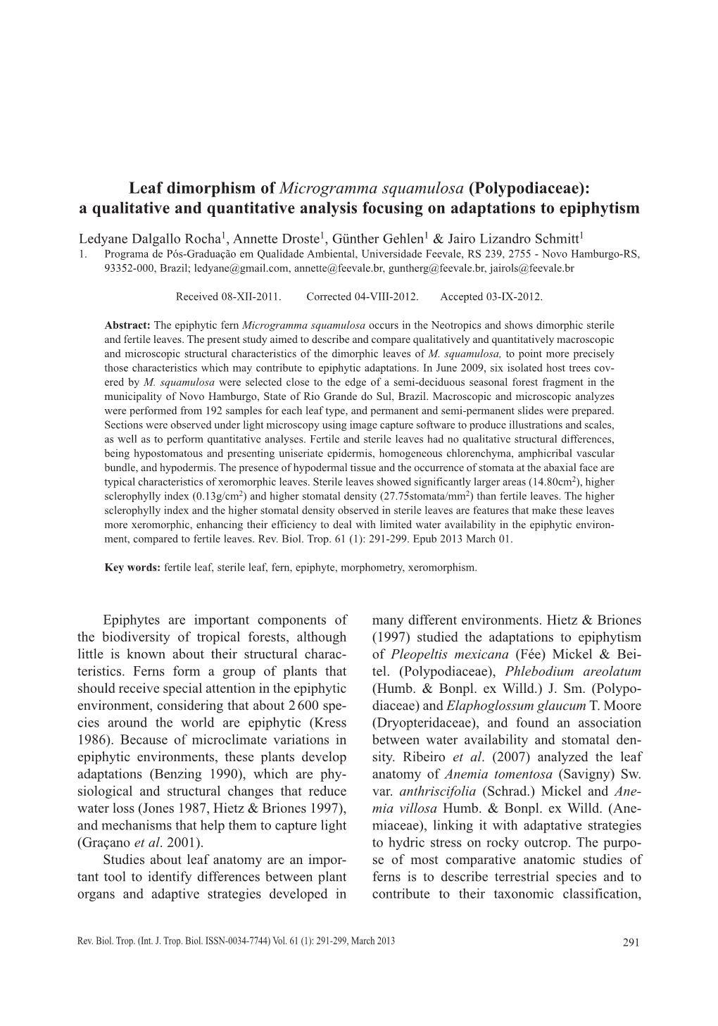 Leaf Dimorphism of Microgramma Squamulosa (Polypodiaceae): a Qualitative and Quantitative Analysis Focusing on Adaptations to Epiphytism